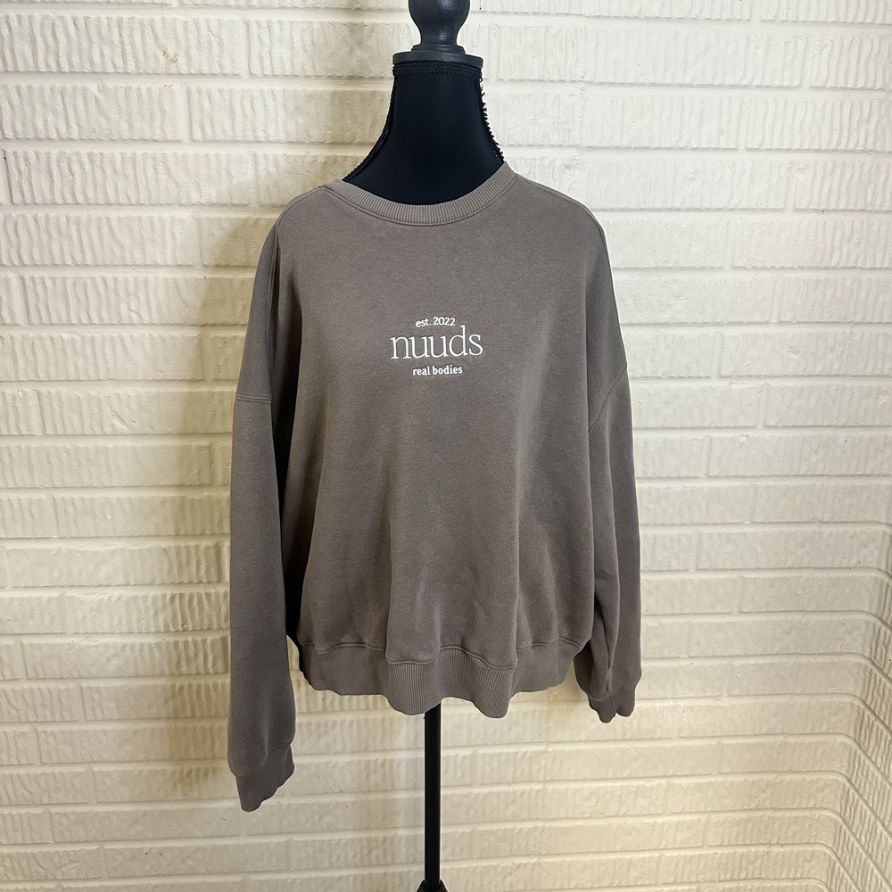Nuuds 'Real Bodies' Cropped Crewneck Sweatshirt Brown Sz L Loungewear Relaxed